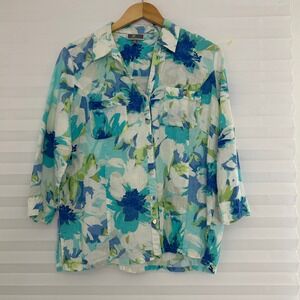 JM Collection Women 12 Linen Floral Button Down Shirt 3/4 Roll Tab Sleeve Blue